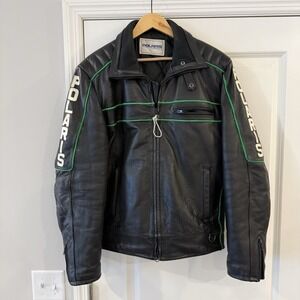 Vintage Polaris Winterwear Leather Bomber Jacket Size LT Racing Snowmobile Black